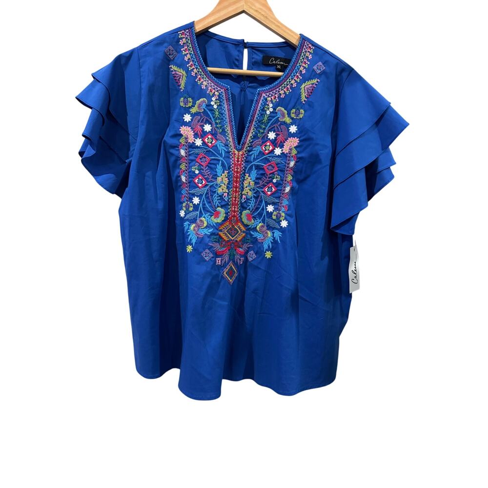 Calessa Blue Embroidered Peasant Blouse Size XL